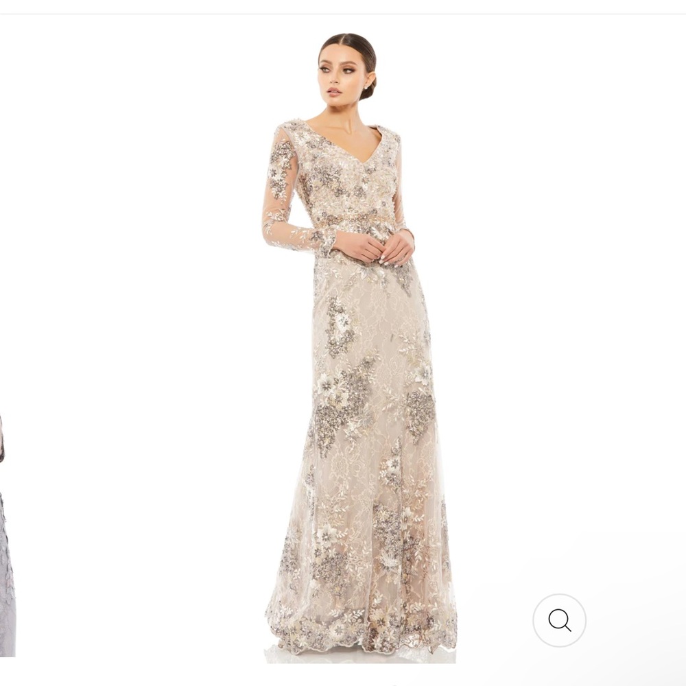 NWT Mac Duggal Embellished‎ V-Neck Illusion Long Sleeve Gown Taupe Size 10